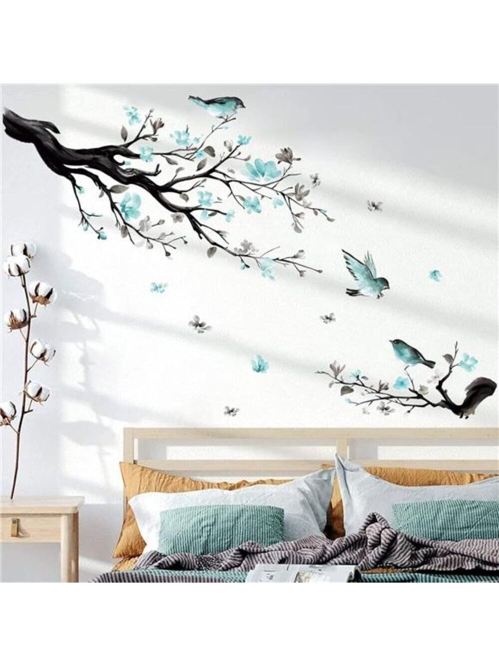 Watercolor Blue Flower Wall Decals Bird Tree Branch Living Room Wall Decor